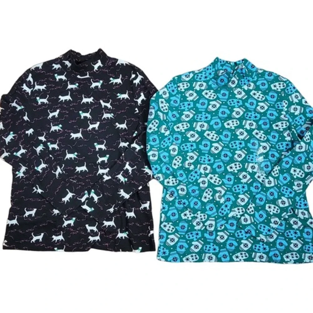Set of 2 Karen Scott Christmas Turtleneck Tops L Cats Mittens Multicolor Holiday